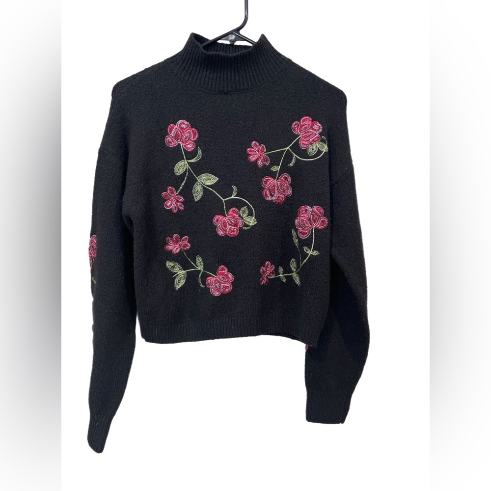 Alya Black and Pink Turtleneck Sweater with Floral Embroidery